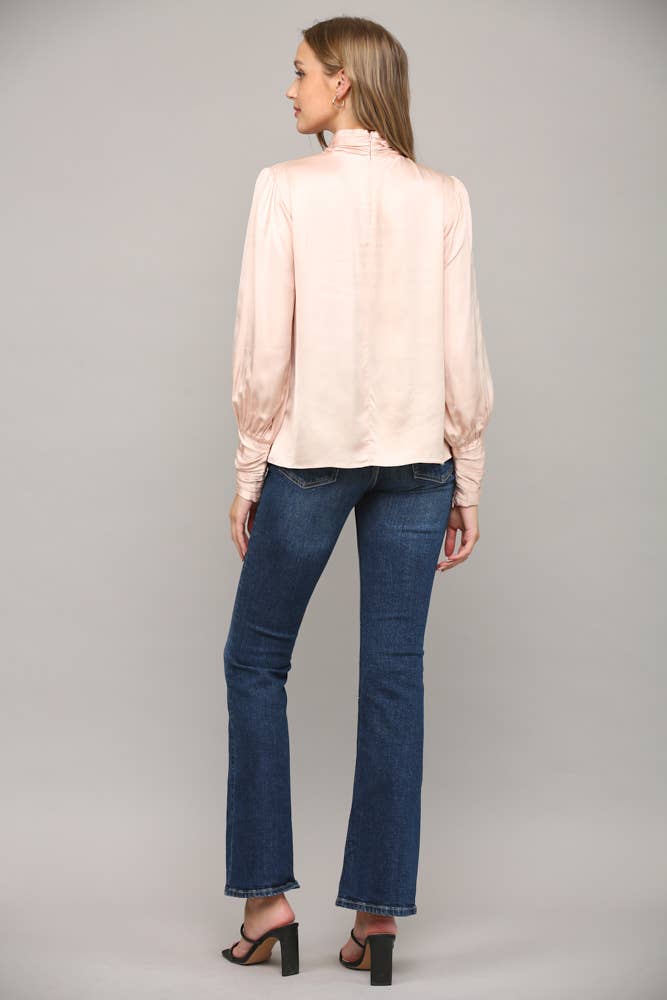 High Collar Ruched Sleeve Blouse