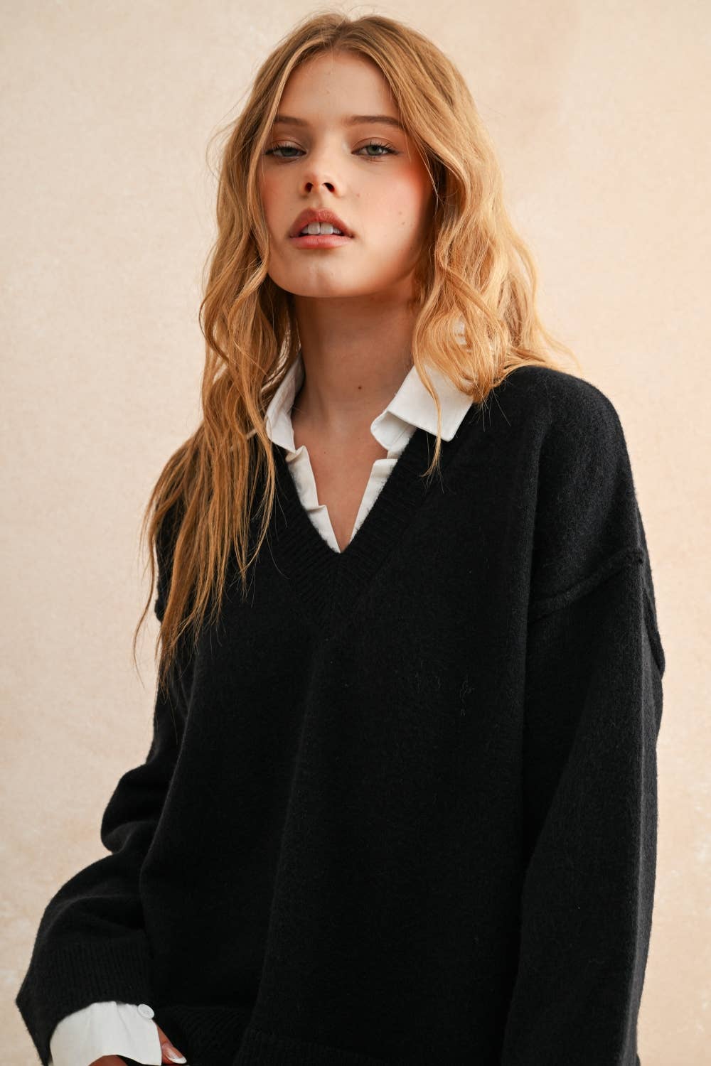 Sweater and Shirt Combo V-Neck Top