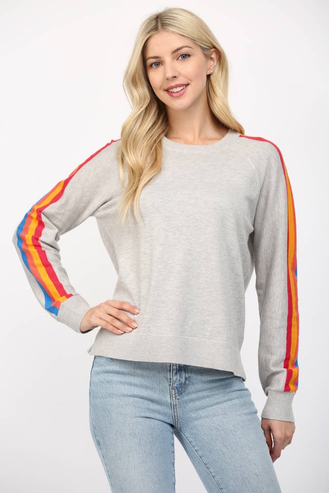 Multi Color Stripe On Sleeve Crew Neck Sweater