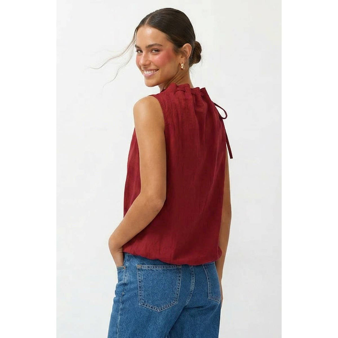 Cinched Mock Neck Sleeveless Top