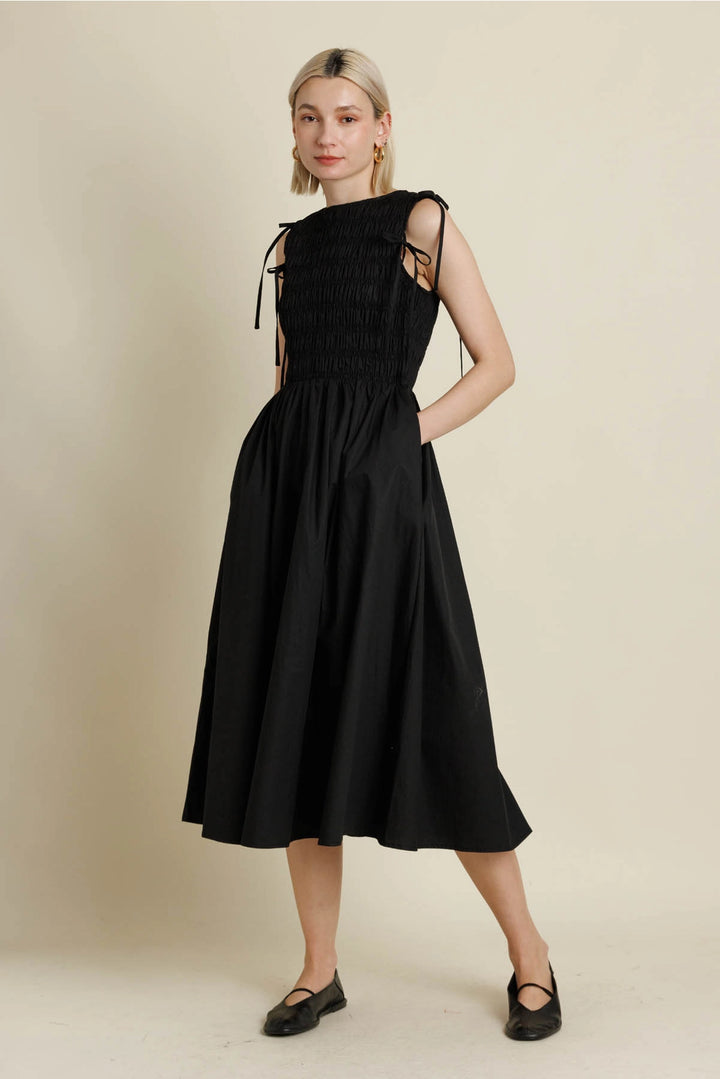 BLACK DETACHABLE SLV MIDI DRESS