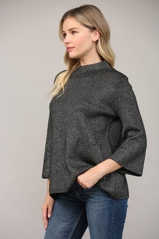 Glitter Yarn Front Pocket Detail Mock Neck Sweater