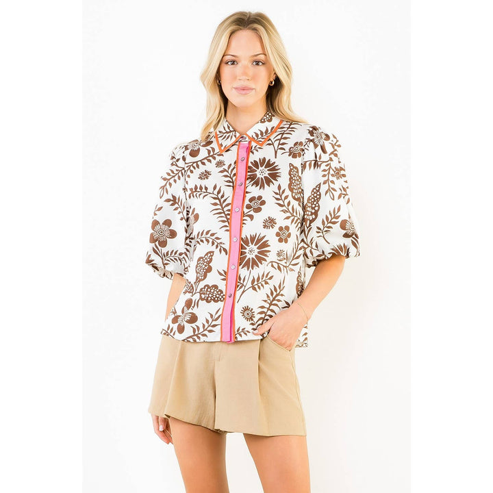 Two Tone Short Sleeve Floral Top