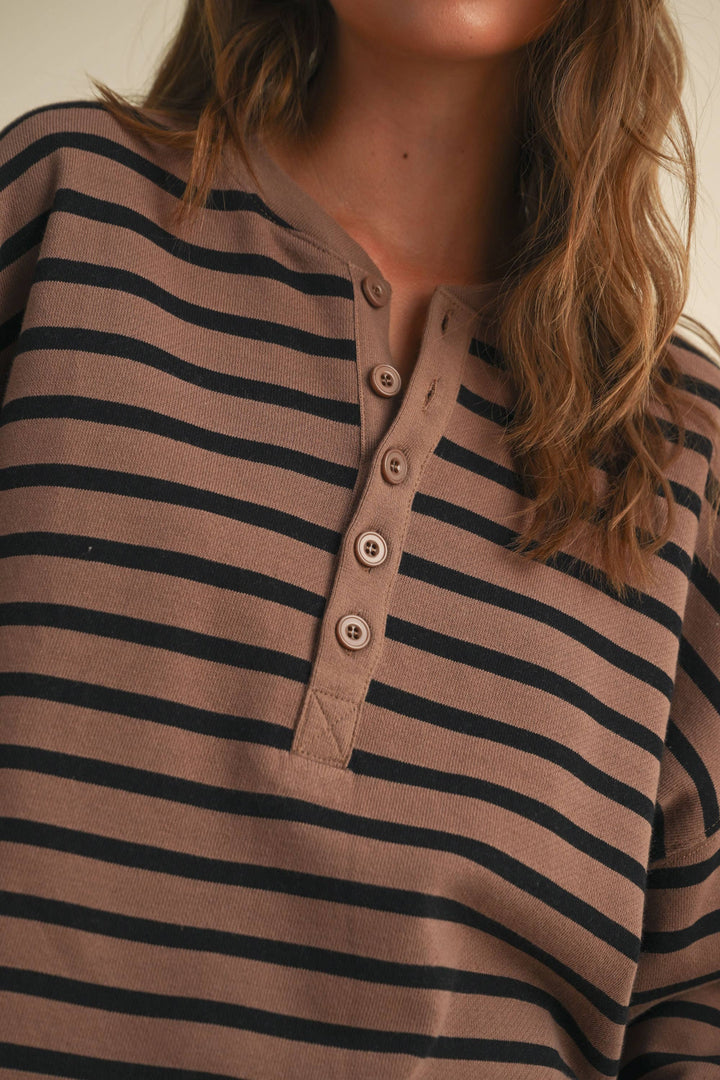 Striped Terry Fabric Half Button Top