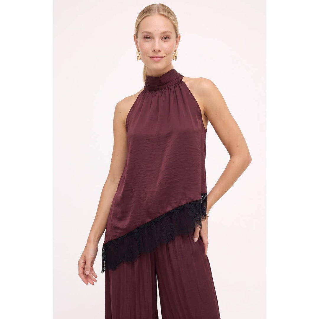 Asymmetrical Lace Trim Mock Neck Halter Top