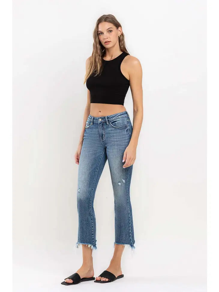 Mid Rise Distressed Crop Bootcut Jeans