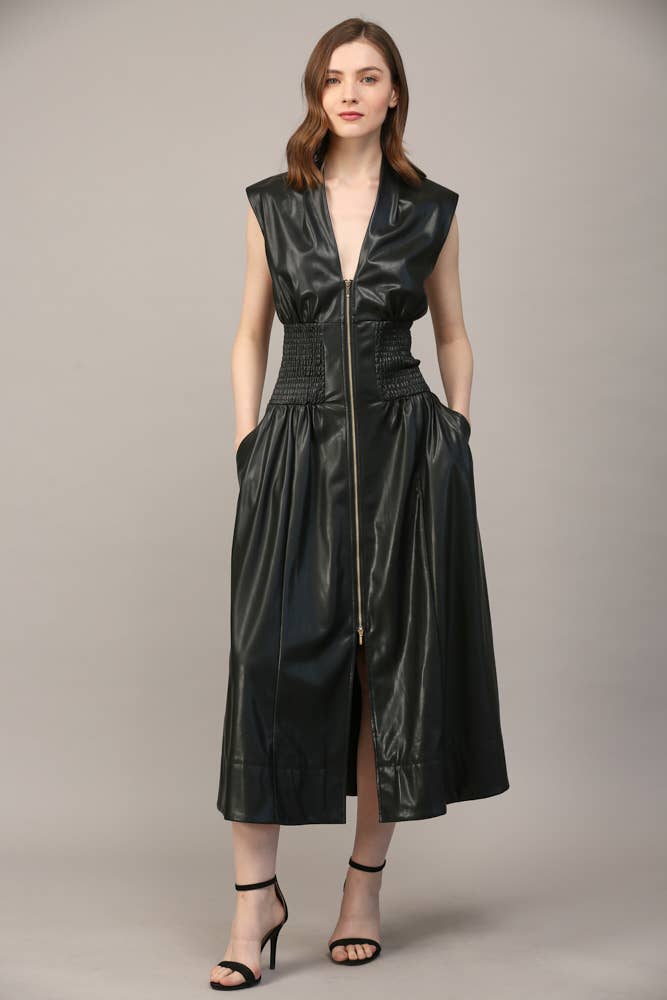 Smocked Waist Zip Front Faux Leather Dress