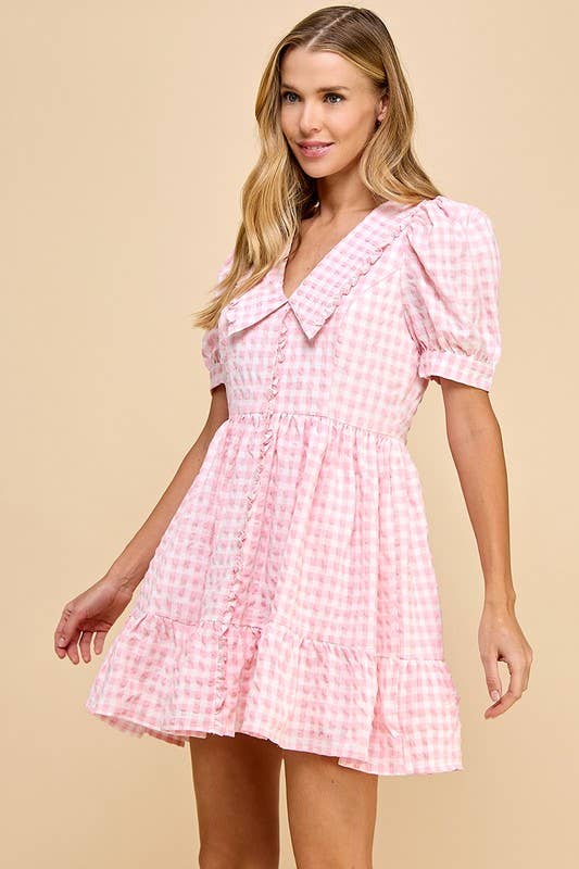 Gingham Peter Pan Collared Puff Sleeves Dress