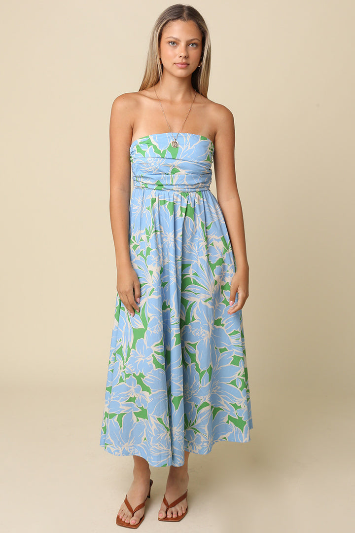 Blue Tropics Strapless Midi Dress