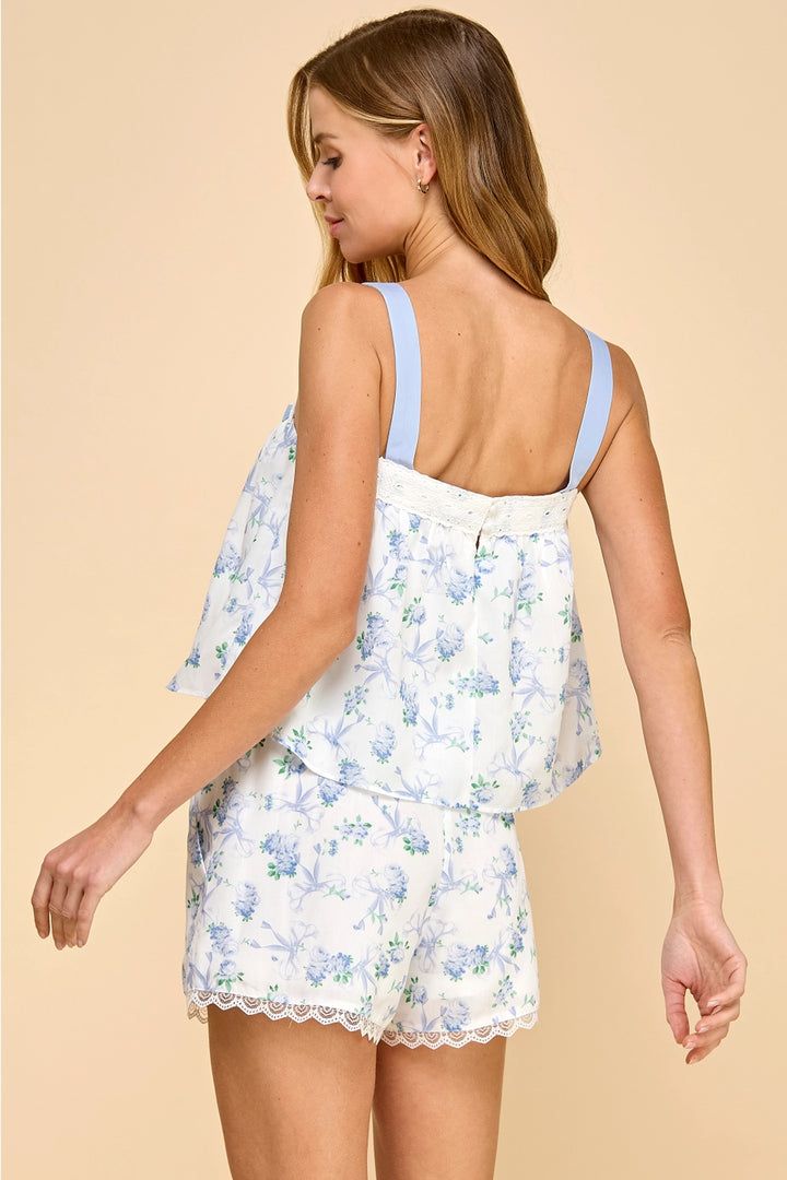 Floral Bow Print Lace Hemmed Pajama Set
