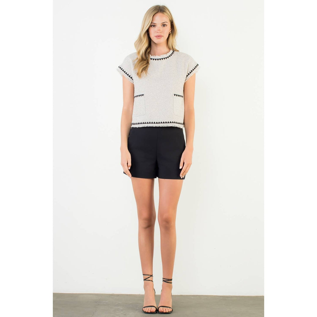 Fringe Trim Tweed Pocket Top