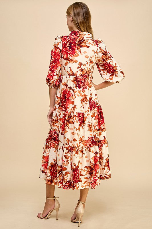 Floral Print Midi Length Shirt Dress