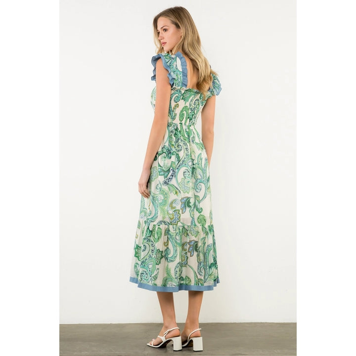 Smocked Flutter Sleeve Paisley Print Maxi Dress
