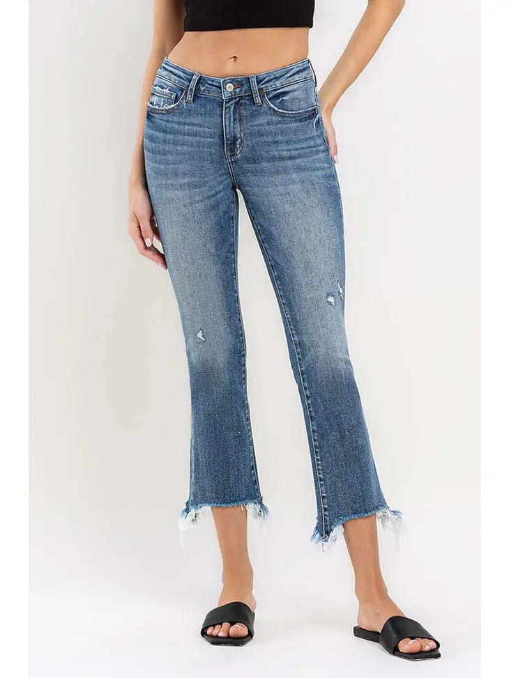 Mid Rise Distressed Crop Bootcut Jeans