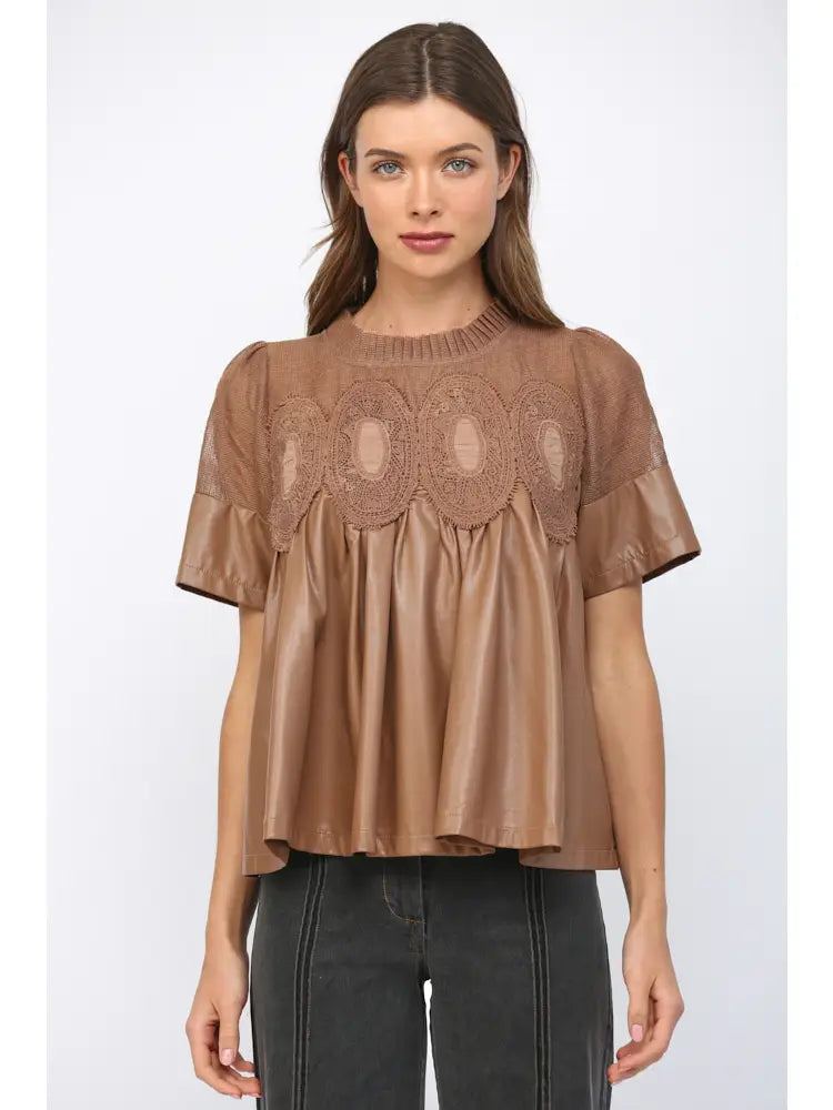 Lace Overlay Faux Leather Babydoll Top