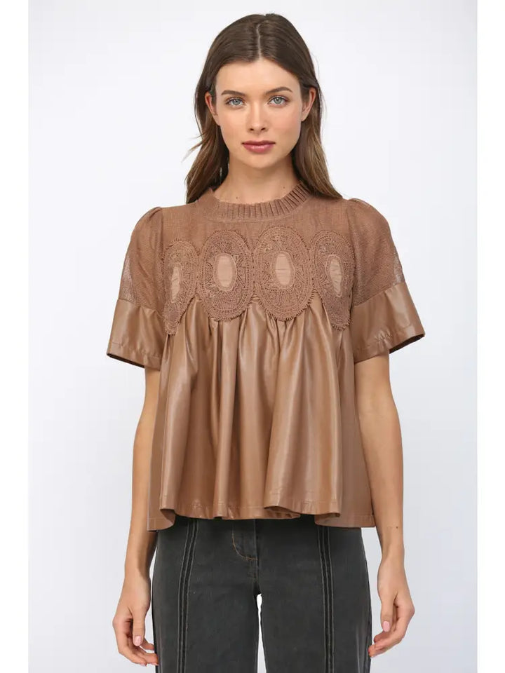 Lace Overlay Faux Leather Babydoll Top