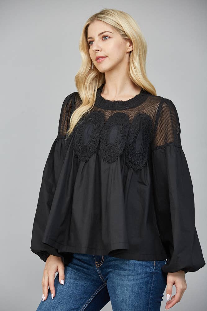 Lace Applique Detail Long Sleeve Blouse