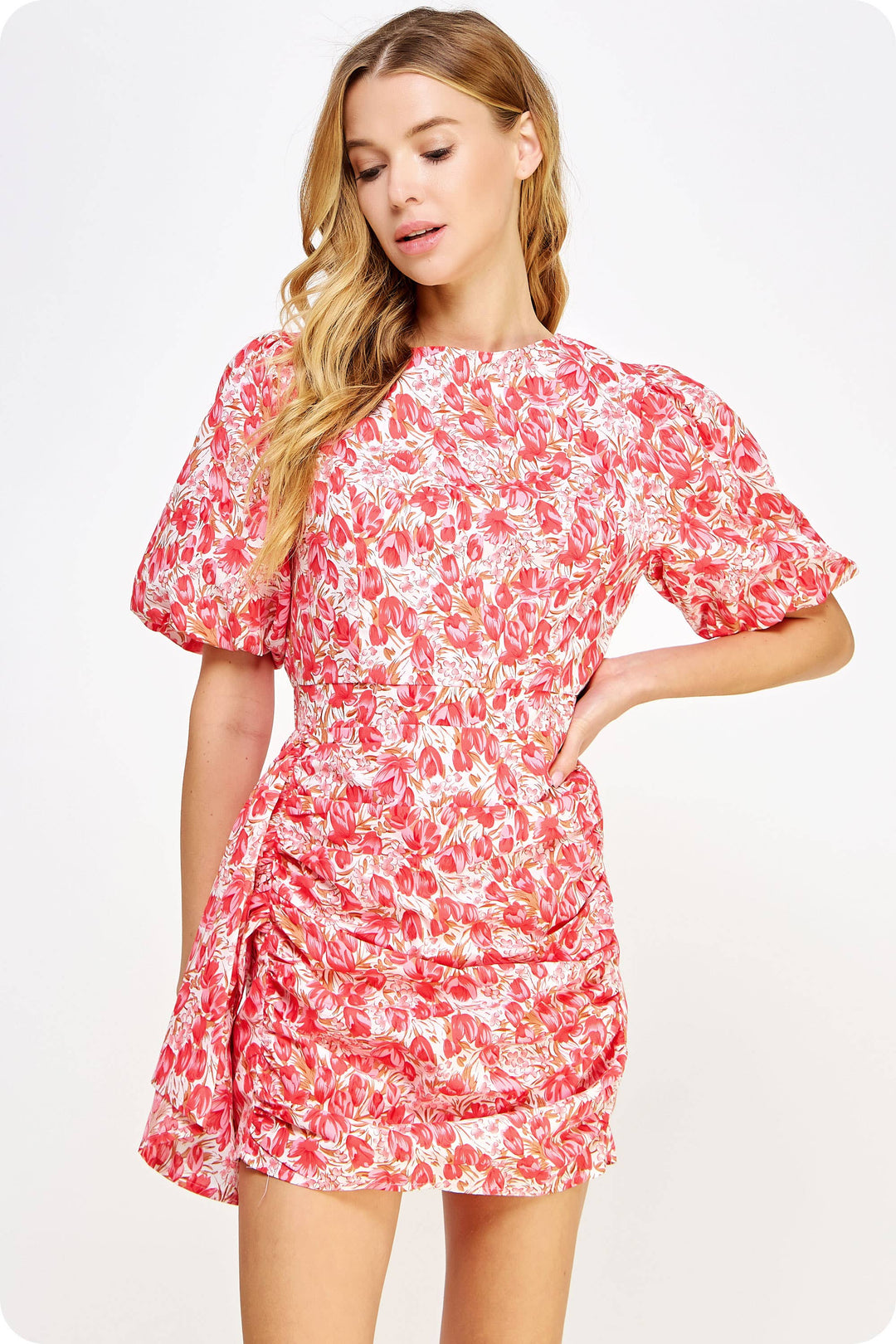 Ruched Short Puff Sleeve Floral Voile Mini Dress