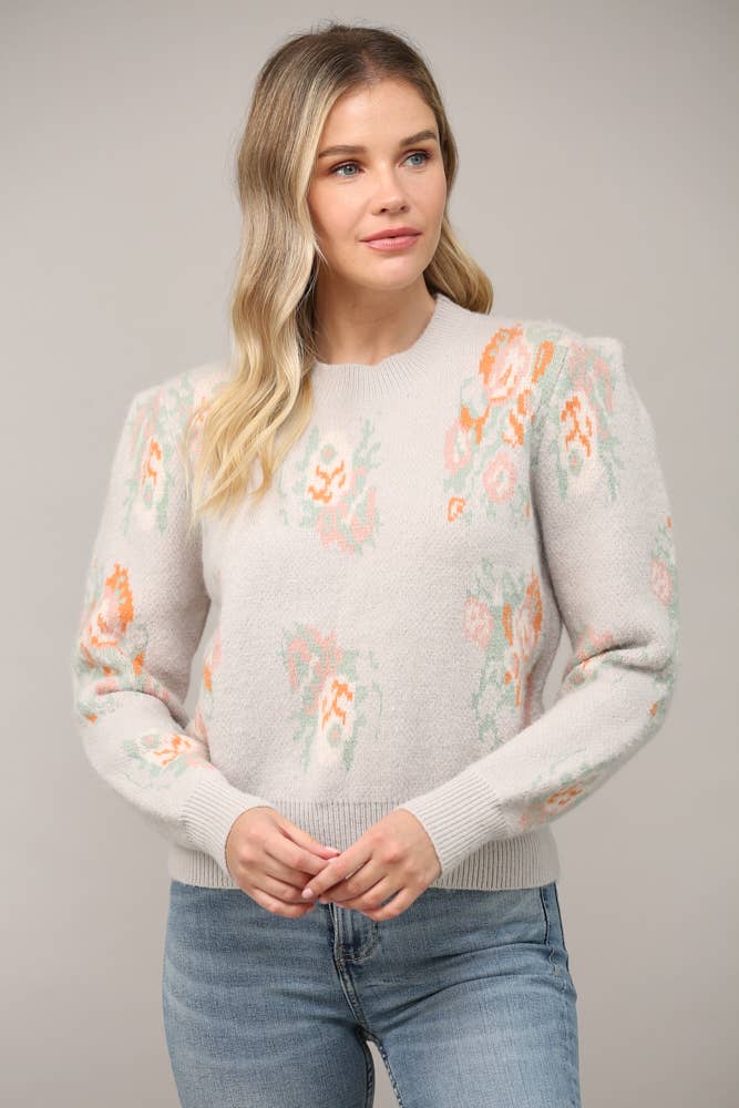 Jacquard Knit Puff Sleeve Sweater