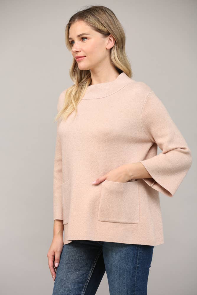 Glitter Yarn Front Pocket Detail Mock Neck Sweater