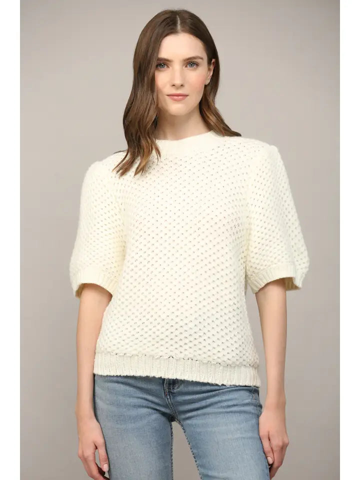 Open Knit Short Balloon Sleeve Sweater