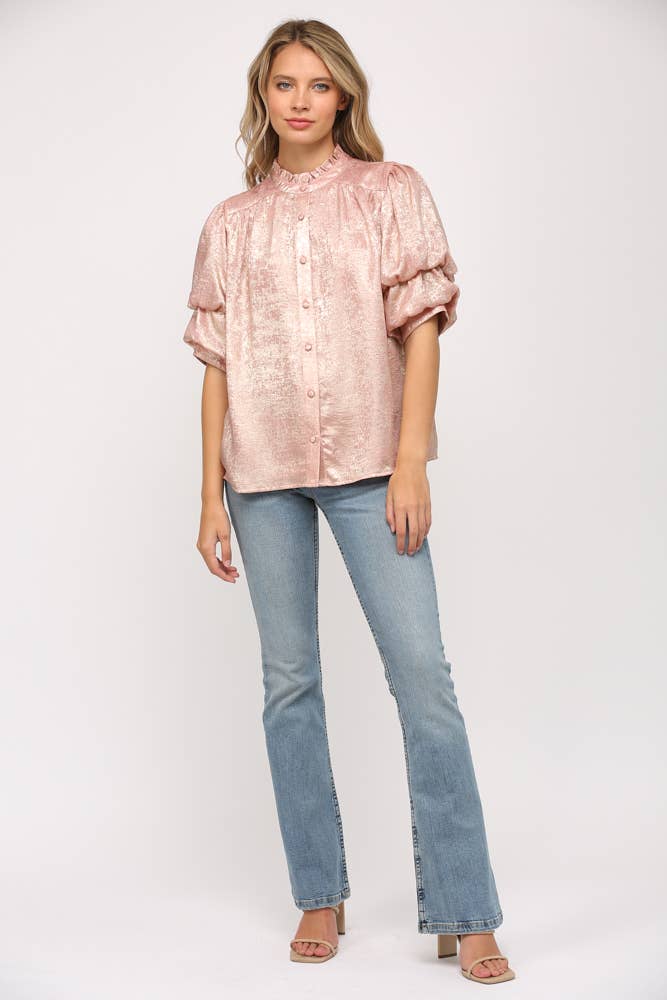 Foiled Woven Fabric Short Tiered Sleeve Blouse