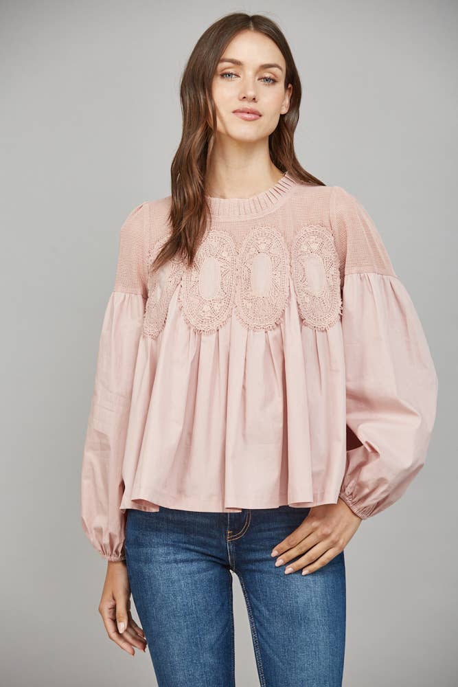 Lace Applique Detail Long Sleeve Blouse