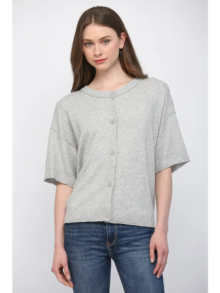 Cashmere Blend Ribbed Neck & Sleeve Detail Button Closure Sweater