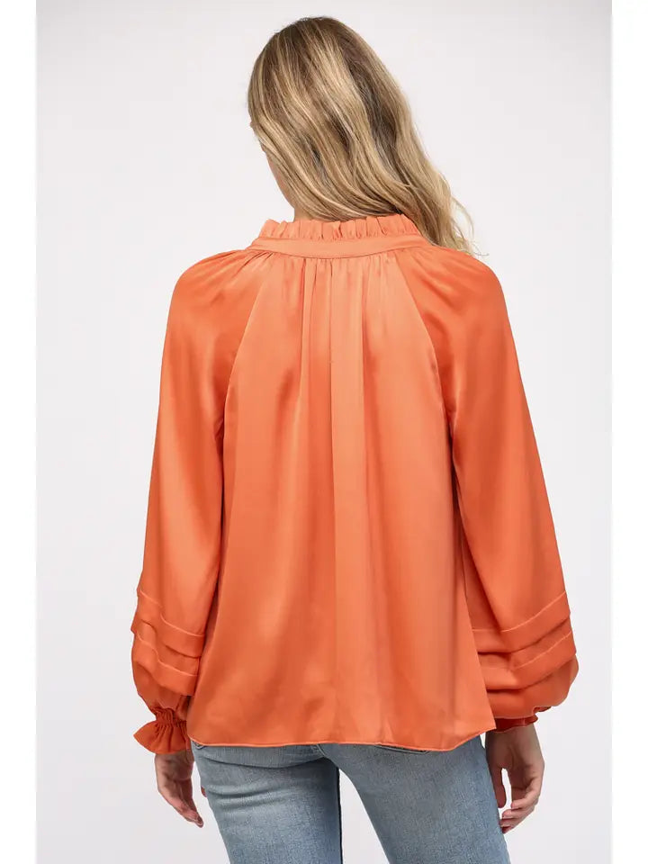 Tucked Detail Ballon Sleeve Split Neck Blouse