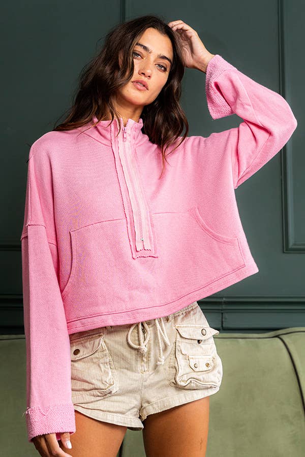 Bubblegum Zip-up Solid Knit Sweatshirt