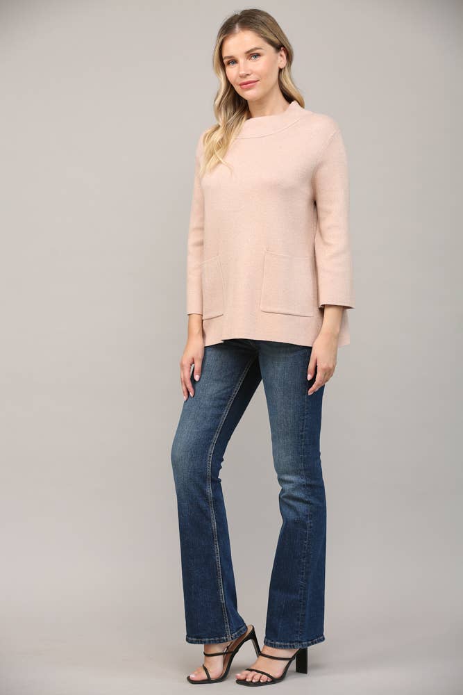 Glitter Yarn Front Pocket Detail Mock Neck Sweater