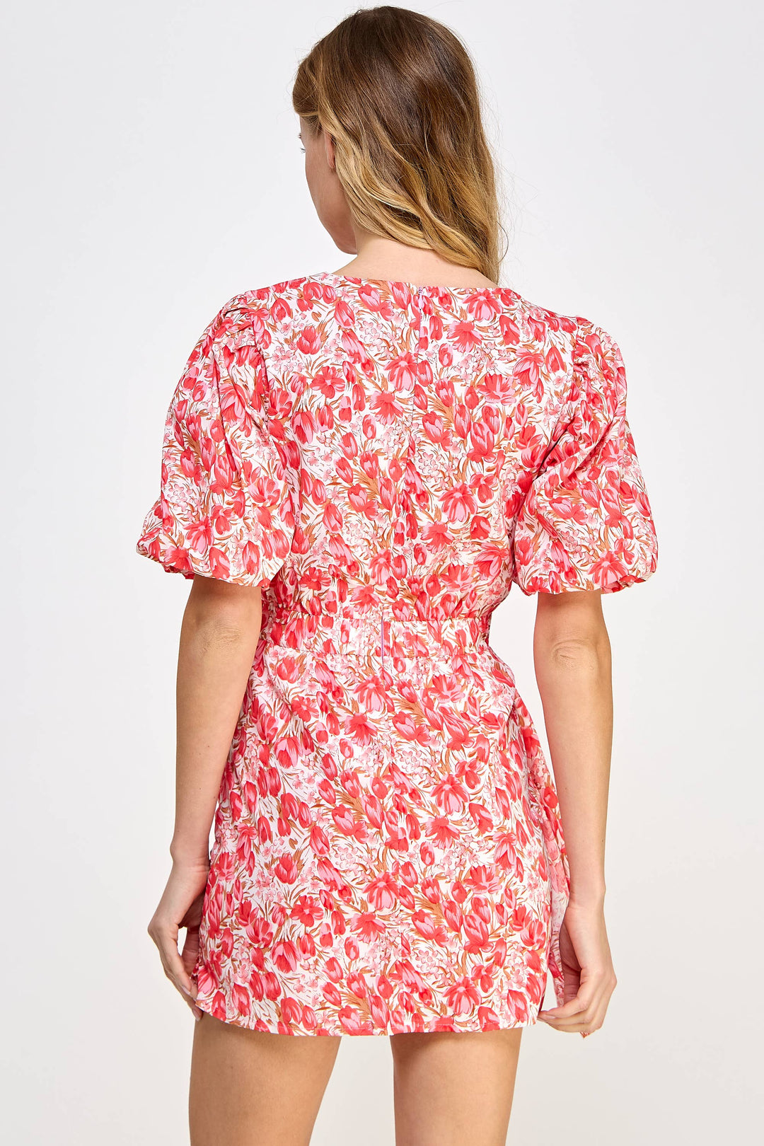 Ruched Short Puff Sleeve Floral Voile Mini Dress