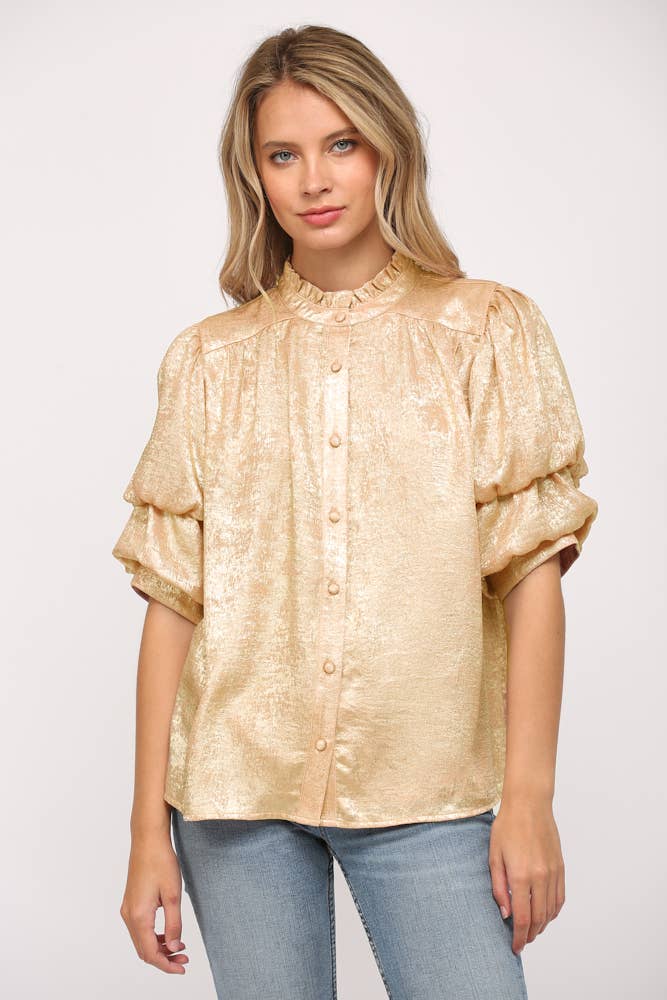 Foiled Woven Fabric Short Tiered Sleeve Blouse