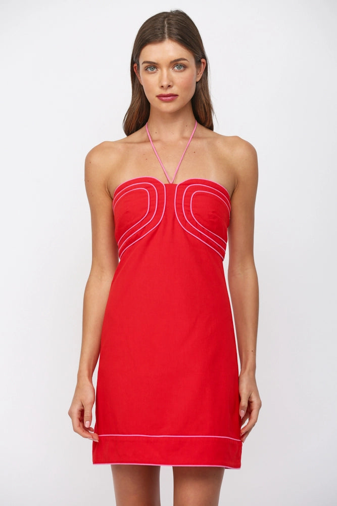 Halter Neck Mini Dress with Color Piping Detail