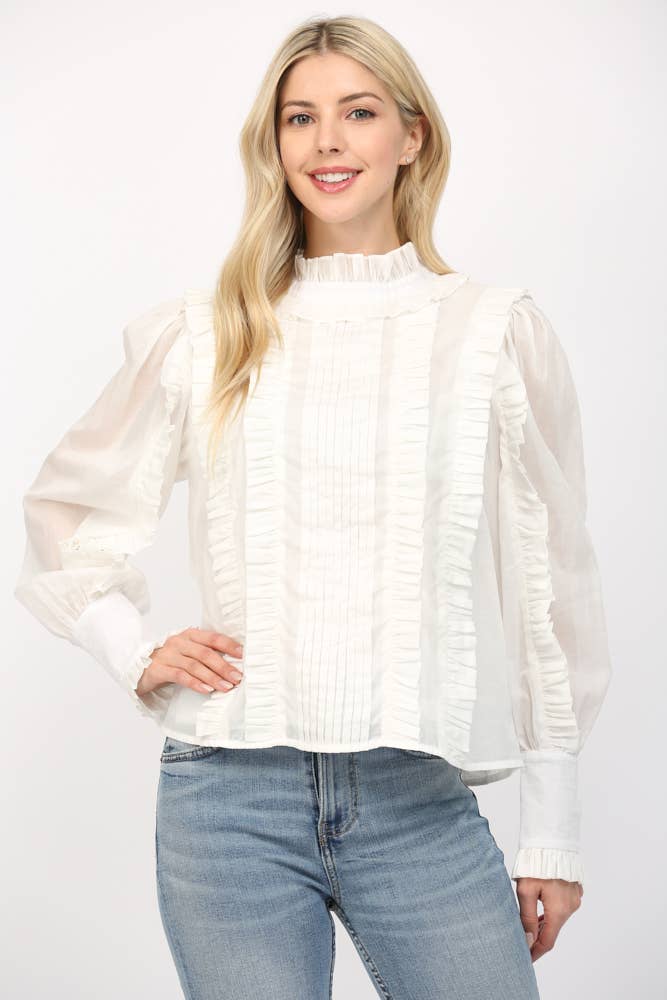 Ruffle Detail Tucked Long Sleeve Blouse