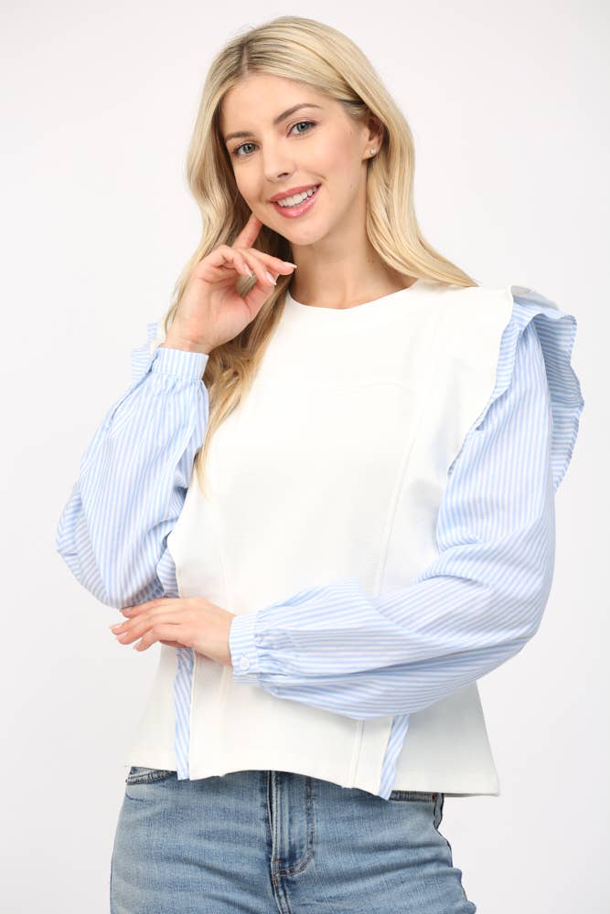 Contrast Stripe Cotton Ruffle Detail Long Sleeve Top