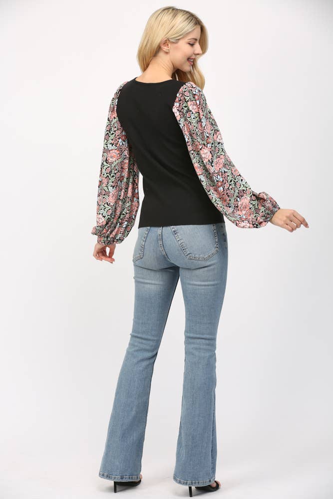 Contrast Print Balloon Sleeve Round Neck Sweater