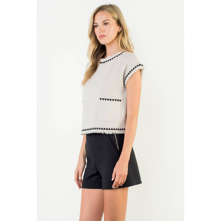 Fringe Trim Tweed Pocket Top
