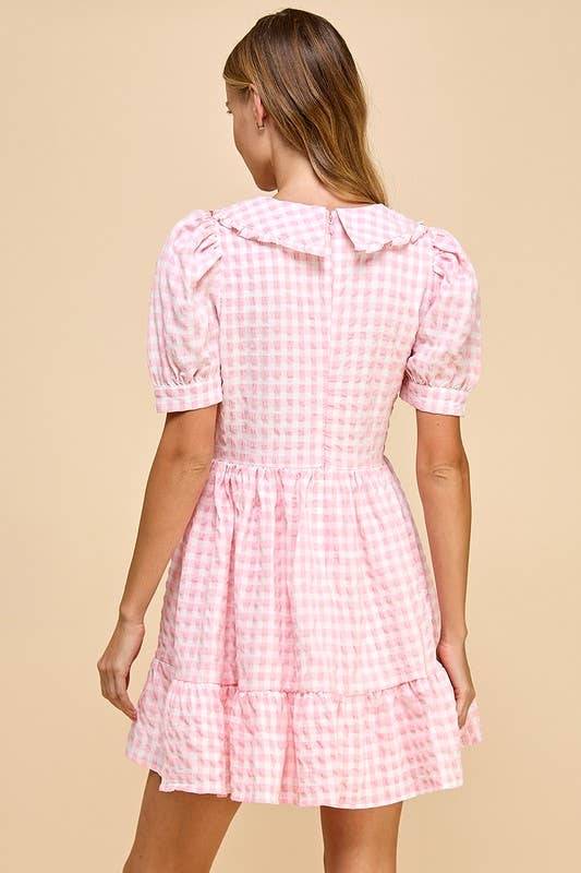 Gingham Peter Pan Collared Puff Sleeves Dress