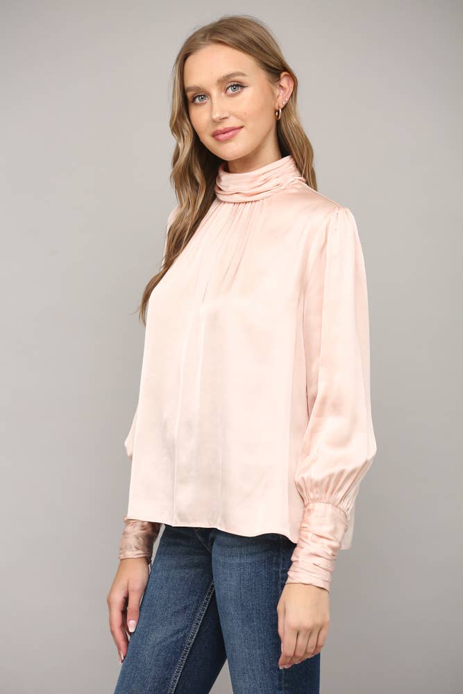 High Collar Ruched Sleeve Blouse