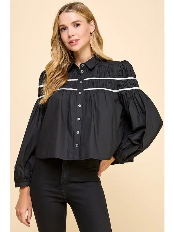 Collared Striped Detail Button Down Blouse