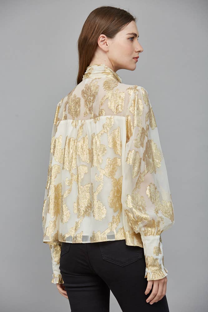 Metallic Jacquard Chiffon Blouse With Bow