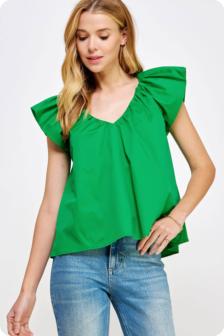 V-Neck Puff Sleeves Poplin Top