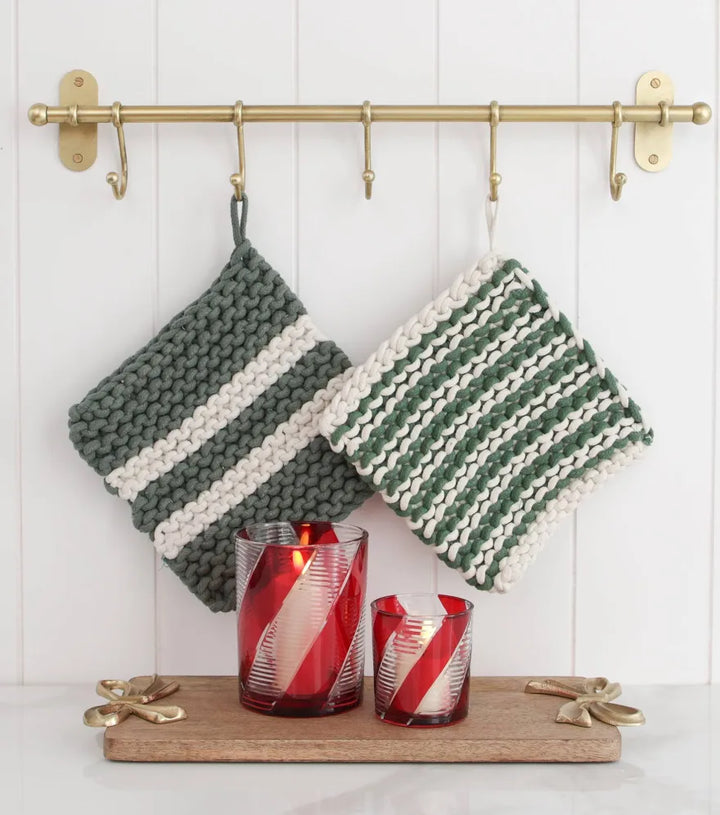 Double White  & Green Stripe Pot Holder Set