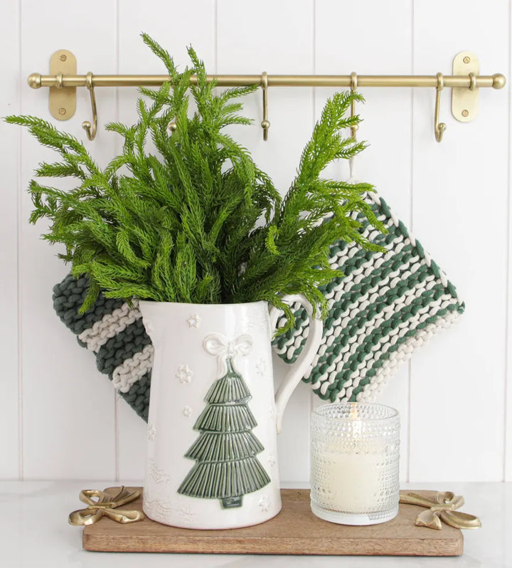 Double White  & Green Stripe Pot Holder Set
