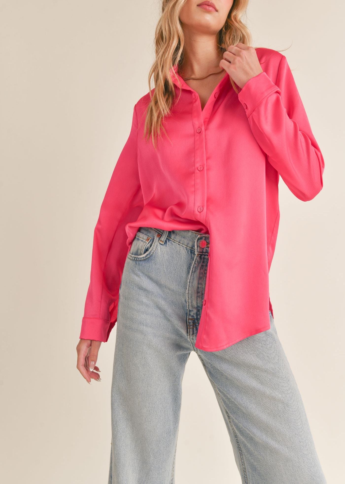 Dream of Me Hot Pink Silk Button Down Top