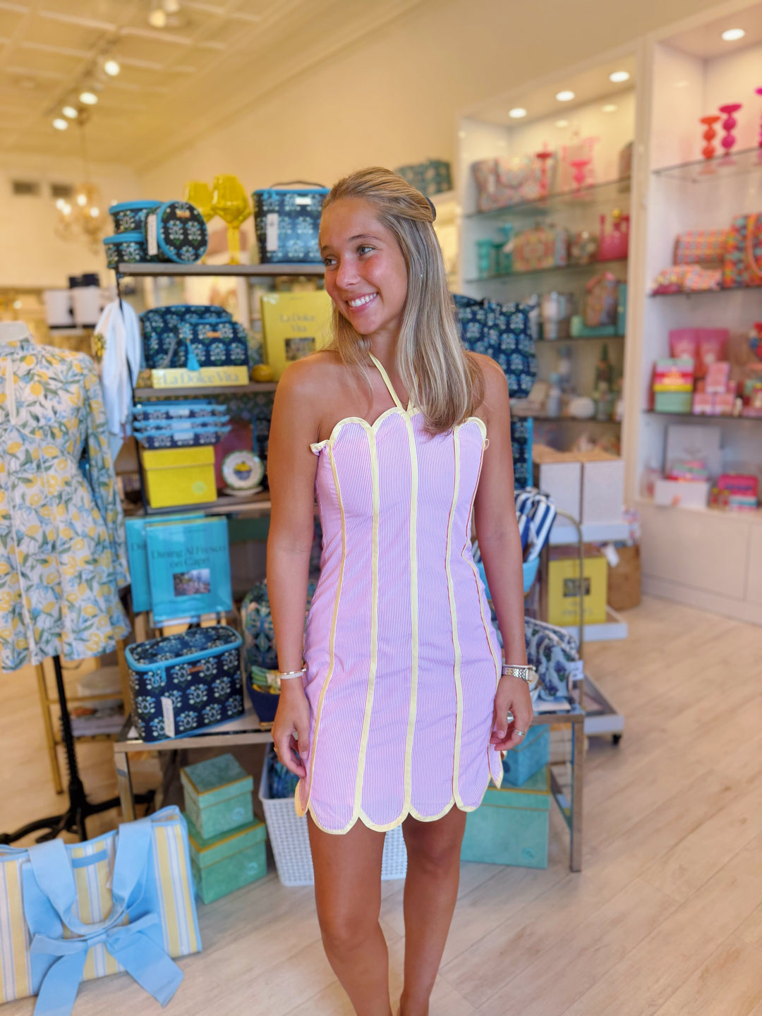 Contrast Piping Detail Halter Neck Mini Dress