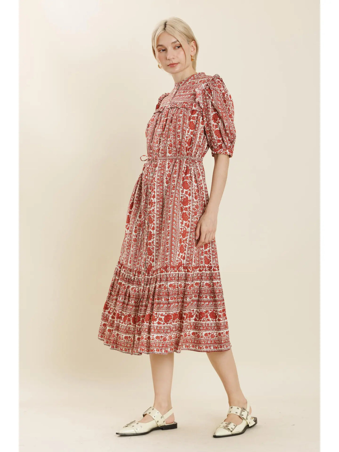 Red Floral Ruffle Midi Dress