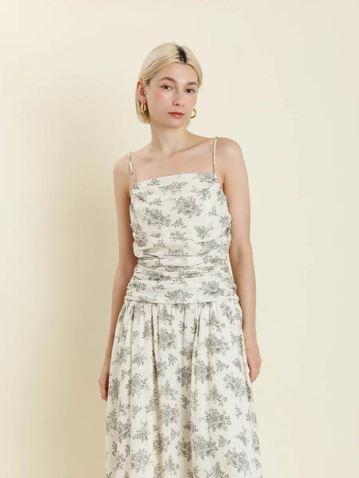 SHIRRED FLORAL MIDI DRESS