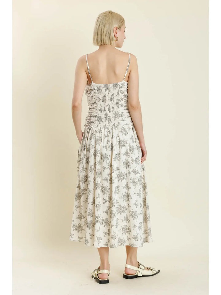 SHIRRED FLORAL MIDI DRESS